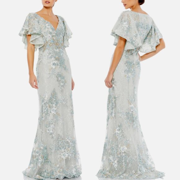 MAC DUGGAL 67842 BELL SLEEVE FLOAL EMBELLISHED SEAFOAM GREEN GOWN sz 14 - Picture 1 of 3